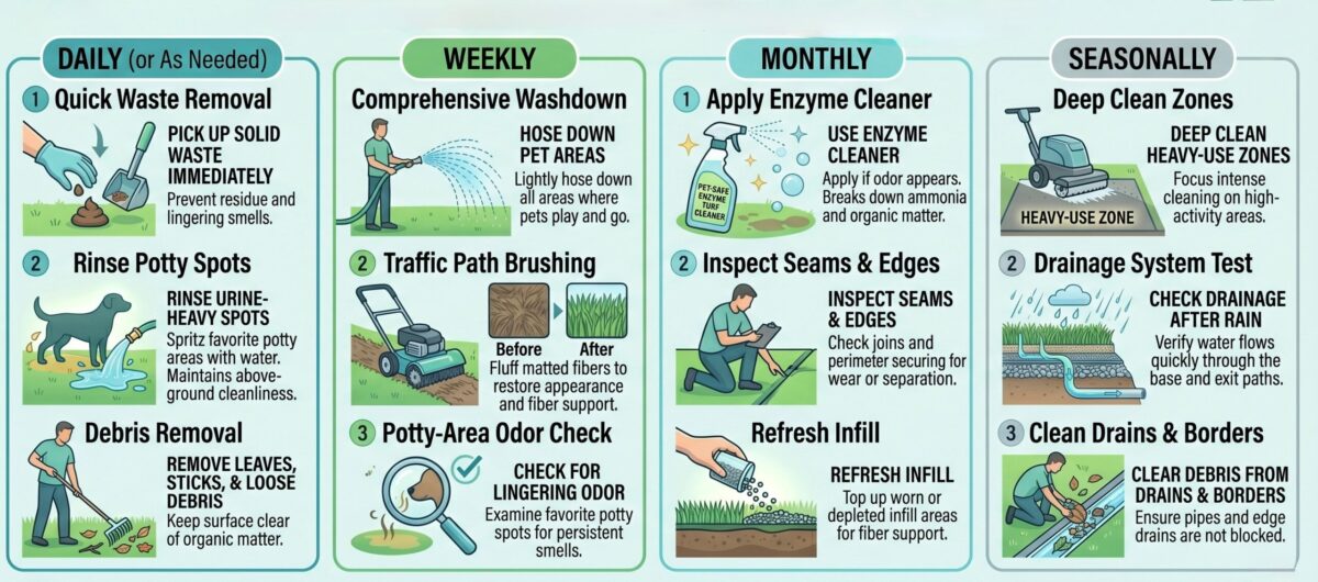 Artificial grass installation infographic for maintaining clean pet friendly turf