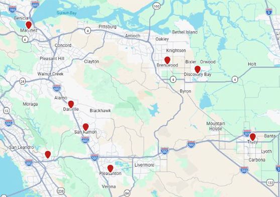 Window Replacement servoice areas-Oakley-img Map showing Landmark Exteriors window replacement service areas near Oakley CA and surrounding Contra Costa cities