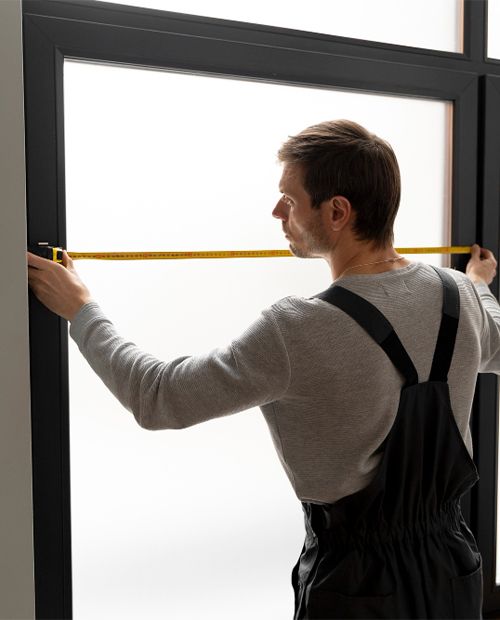 Window replacement service in Oakley-img Technician measuring a black window frame with tape during a window replacement in Oakley CA by Landmark Exteriors