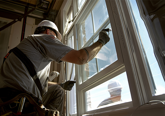 Window replacement work in Oakley-img Contractor installing a new white window frame during a window replacement in Oakley CA by Landmark Exteriors