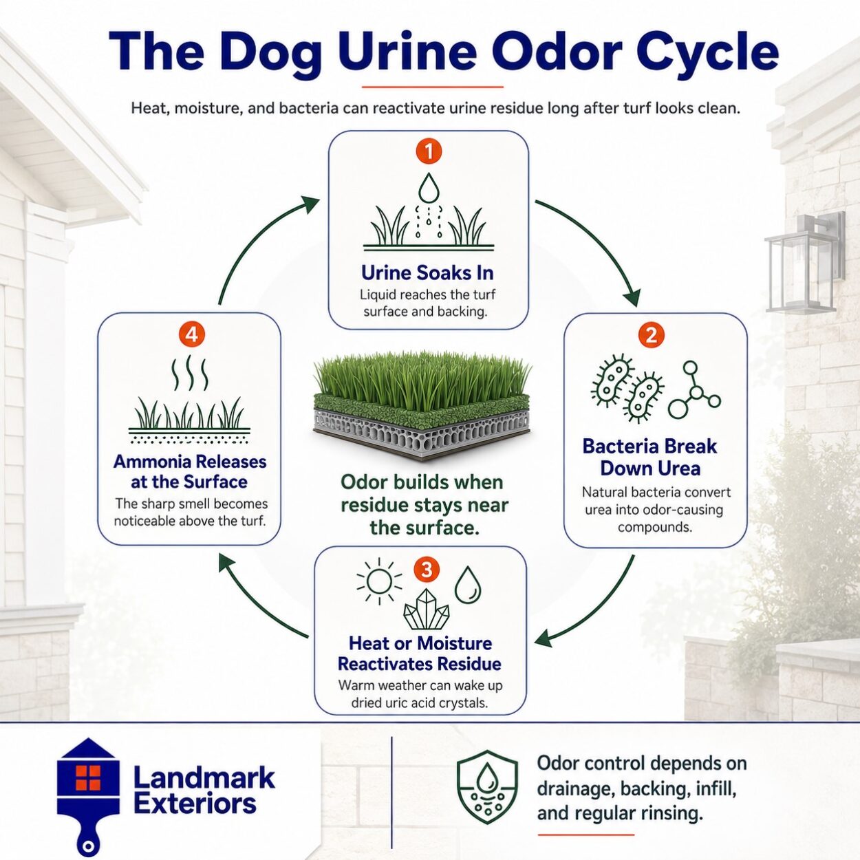 Landmark Exteriors infographic showing how dog urine odor develops on artificial grass in Livermore, CA