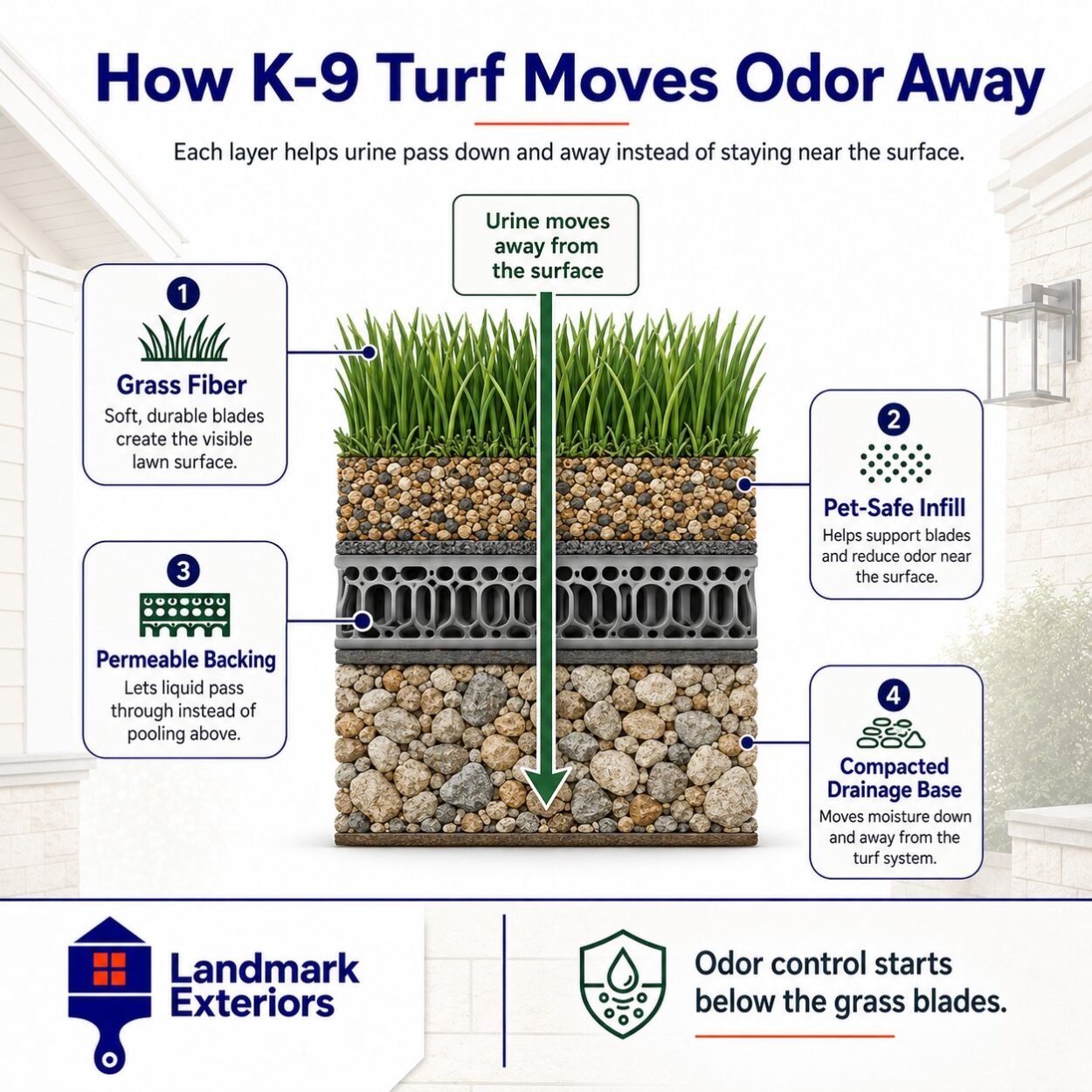 Landmark Exteriors infographic showing how K-9 artificial grass drains pet urine and controls odor in Livermore, CA