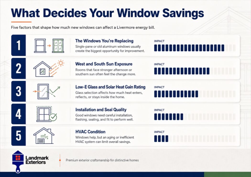 Landmark Exteriors explains how window type Low-E glass installation and HVAC affect savings in Livermore CA