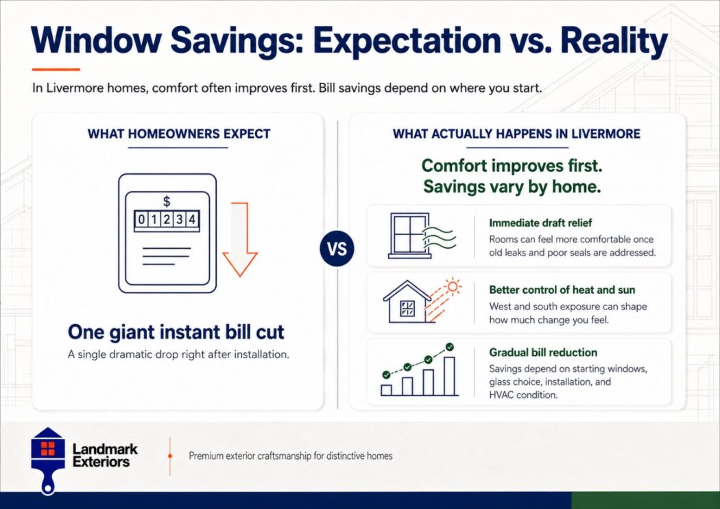New windows lower energy bills gradually while improving comfort first in Livermore CA homes by Landmark Exteriors.