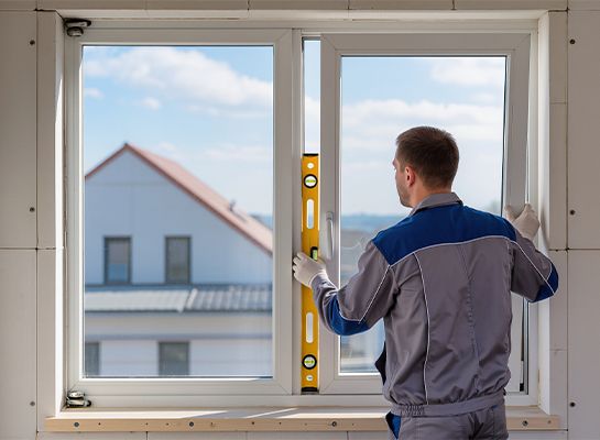 Skilled technician replacing an old window in a home-img Contractor installing a new white window frame during a window replacement in Oakley CA by Landmark Exteriors