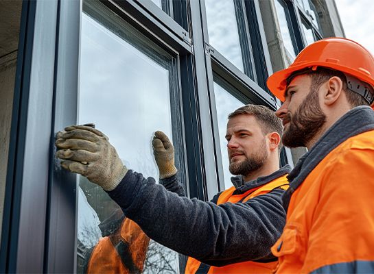 Window installer replacing a residential window-img Contractor installing a new white window frame during a window replacement in Oakley CA by Landmark Exteriors