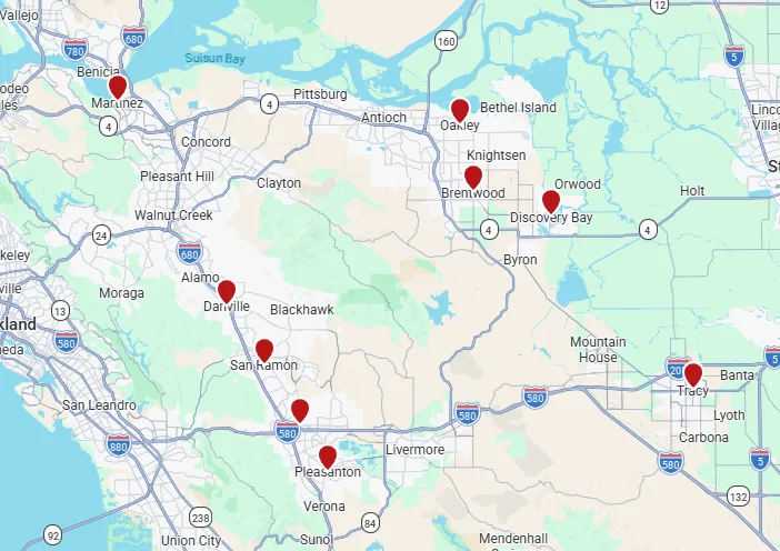 Map showing the service area of Landmark Exteriors window replacement service in Castro Valley and surrounding East Bay areas