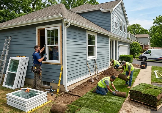 Landmark Exteriors team replacing home windows and installing artificial grass outside the house in Castro Valley