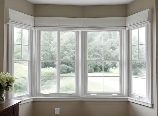Four-panel white vinyl bow window with grilles installed by Landmark Exteriors in Castro Valley